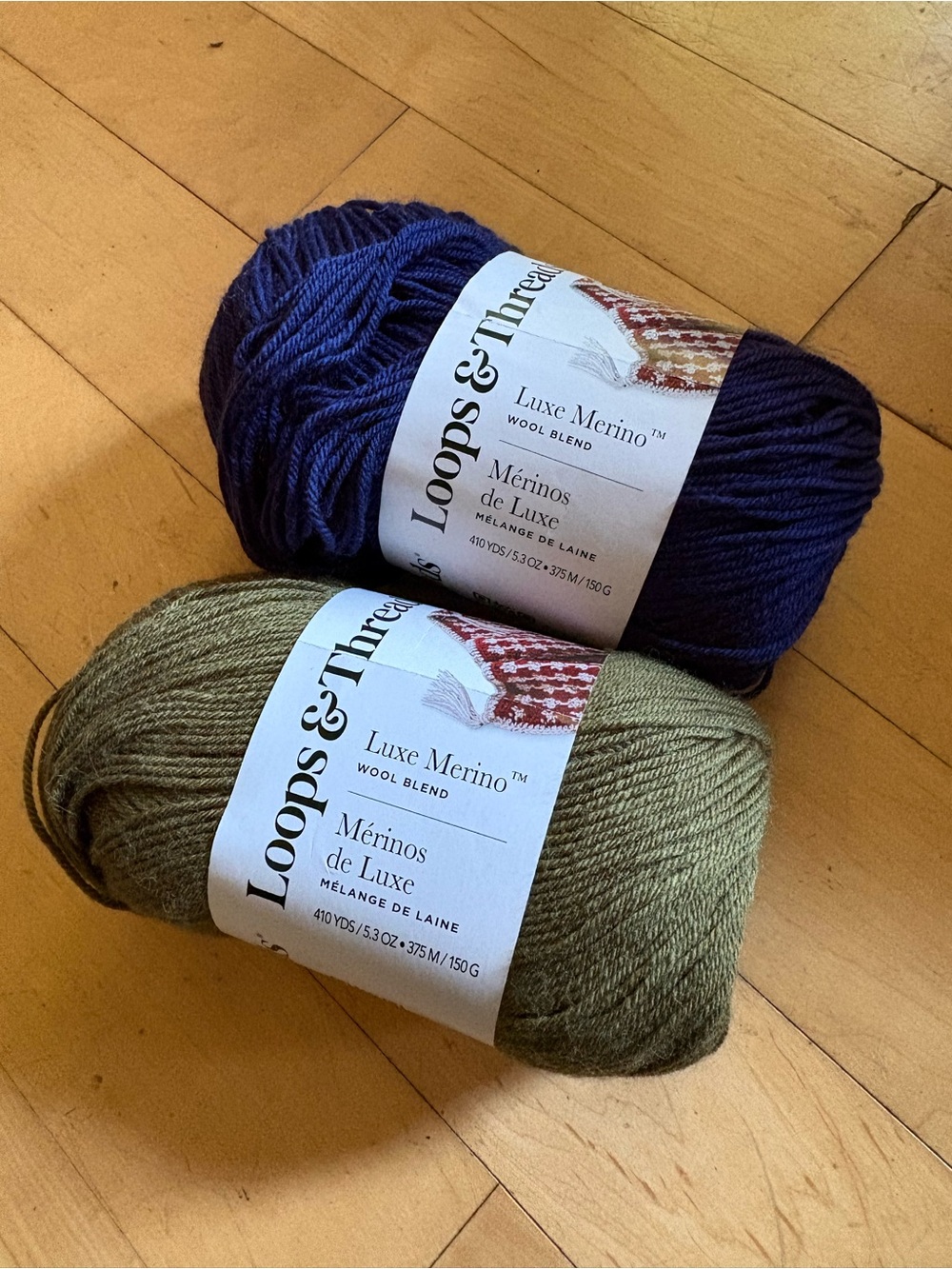 2 Skeins of Loops & Threads Luxe Merino Wool Blend Yarn - Navy & Olive